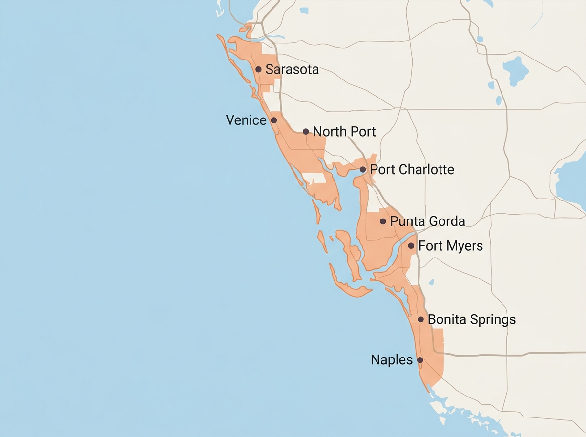 Statewide Disposal Southwest Florida Service Area Map - Sarasota, Venice, North Port, Port Charlotte, Punta Gorda, Fort Myers, Bonita Springs, Naples
